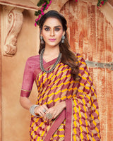 Vishal Prints Burgandy And Golden Yellow Printed Georgette Saree With Piping