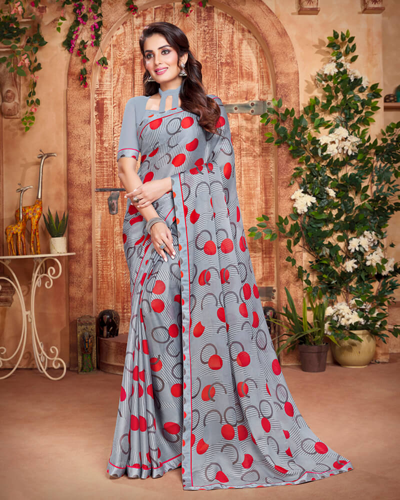 Vishal Prints Cool Grey And Red Printed Georgette Saree With Piping