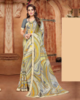 Vishal Prints Off White And Grey Printed Georgette Saree With Piping