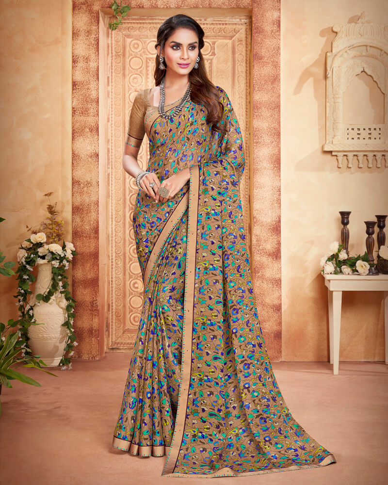 Vishal Prints Light Brown And Blue Printed Georgette Saree With Piping