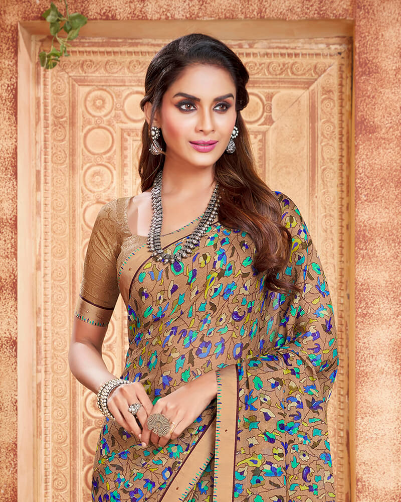Vishal Prints Light Brown And Blue Printed Georgette Saree With Piping
