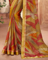 Vishal Prints Dark Mustard And Cherry Red Printed Georgette Saree With Piping
