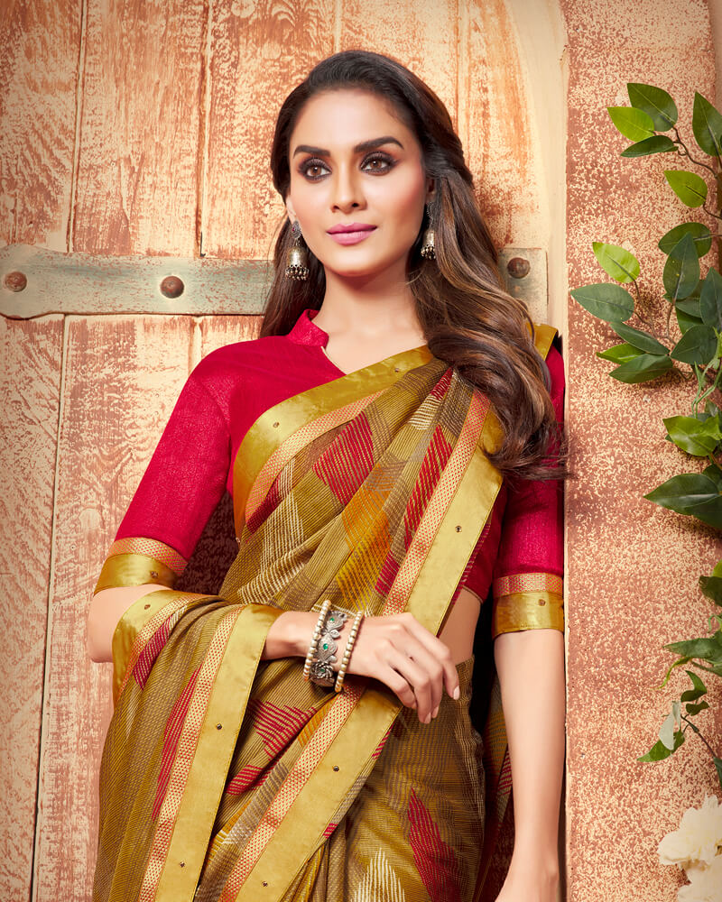 Vishal Prints Dark Mustard And Cherry Red Printed Georgette Saree With Piping