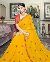 Vishal Prints Dark Yellow Chiffon Saree With Embroidery Work