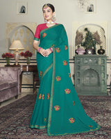 Vishal Prints Teal Green Chiffon Saree With Embroidery Work