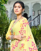 Vishal Prints Light Yellow And Rani Printed Chiffon Saree