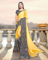 Vishal Prints Light Yellow And Grey Satin Saree With Stone Work