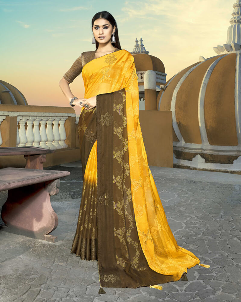Vishal Prints Dark Yellow Brasso Saree With Foil Print And Stone Work