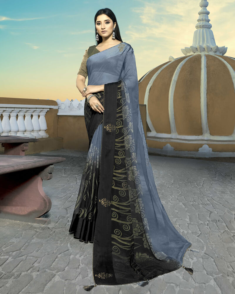 Vishal Prints Cool Grey Brasso Saree With Foil Print And Stone Work