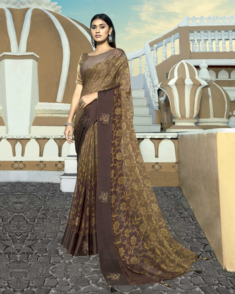 Vishal Prints Coffee Brown Brasso Saree With Foil Print And Stone Work
