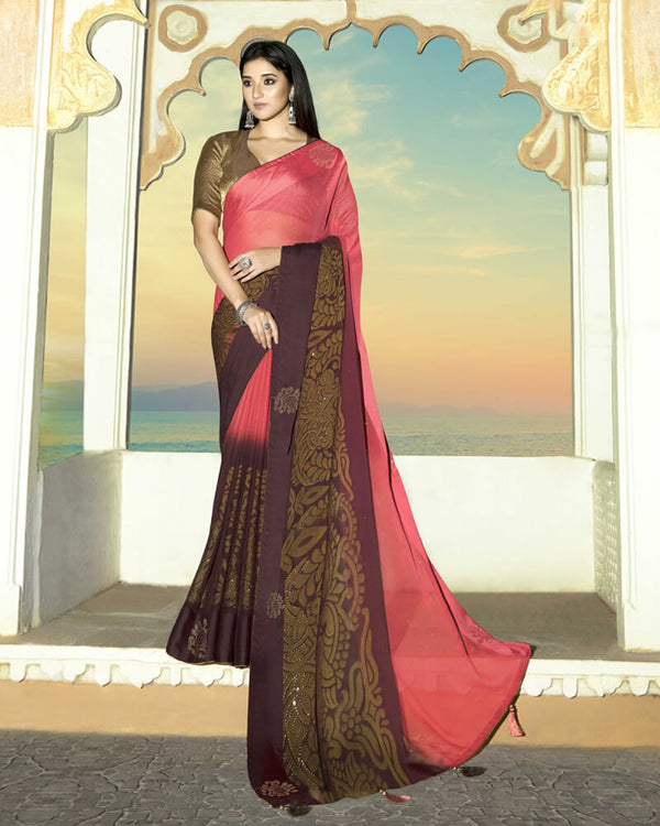 Vishal Prints Coral Brasso Saree With Foil Print And Stone Work