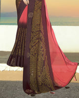 Vishal Prints Coral Brasso Saree With Foil Print And Stone Work