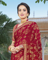 Vishal Prints Dark Red Brasso Saree With Foil Print And Zari Border