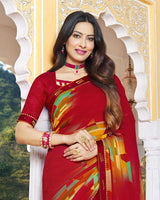 Vishal Prints Cherry Red Printed Georgette Saree With Fancy Lace Border