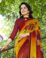 Vishal Prints Brick Red Printed Georgette Saree With Fancy Lace Border