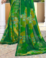 Vishal Prints Dark Green Printed Georgette Saree With Fancy Lace Border