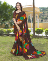 Vishal Prints Brown Printed Georgette Saree With Fancy Lace Border