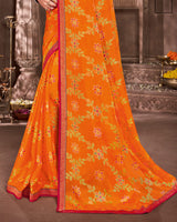 Vishal Prints Orange Brasso Saree With Foil Print And Jari Piping