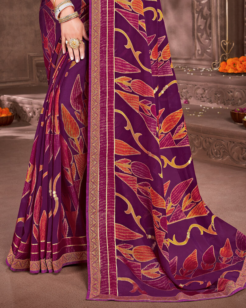 Vishal Prints Purple Brasso Saree With Foil Print And Jari Piping