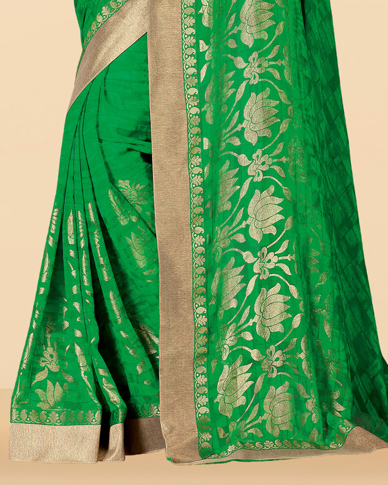 Vishal Prints Parrot Green Georgette Saree With Foil Print And Jari Border
