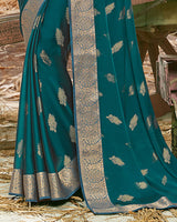 Vishal Prints Peacock Blue Chiffon Saree With Foil Print And Jari Border