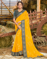 Vishal Prints Orange And Rama Green Chiffon Saree With Foil Print And Jari Border