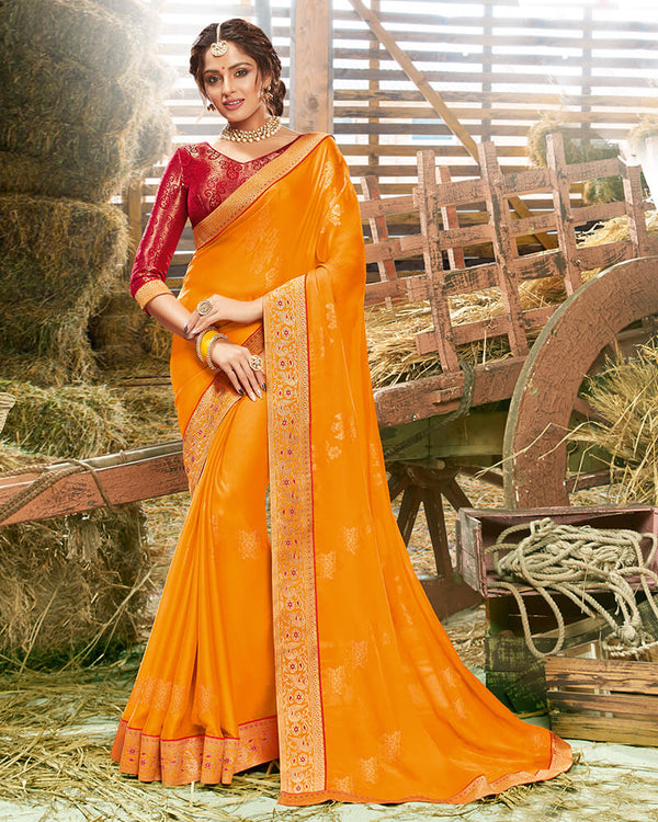 Vishal Prints Orange And Red Chiffon Saree With Foil Print And Jari Border