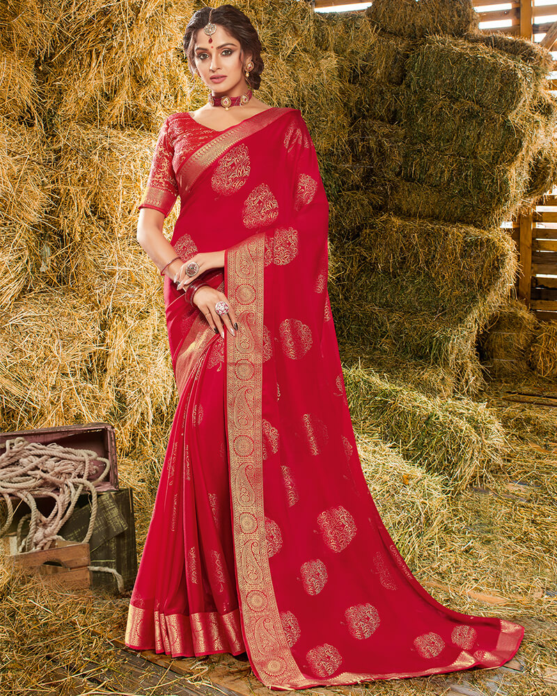 Vishal Prints Red Chiffon Saree With Foil Print And Jari Border