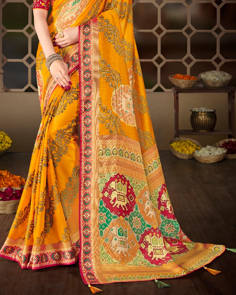 Vishal Prints Golden Yellow Brasso Saree With Weaved Satin Patta And Tassel
