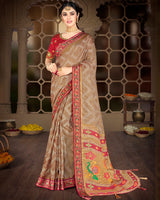 Vishal Prints Pastel Brown Brasso Saree With Weaved Satin Patta And Tassel