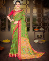 Vishal Prints Parrot Green Brasso Saree With Weaved Satin Patta And Tassel