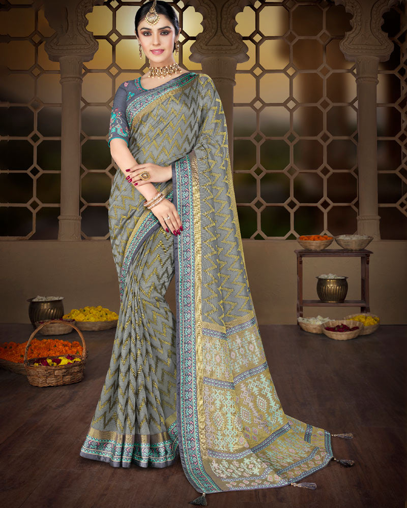 Vishal Prints Grey Brasso Saree With Weaved Satin Patta And Tassel