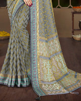 Vishal Prints Grey Brasso Saree With Weaved Satin Patta And Tassel