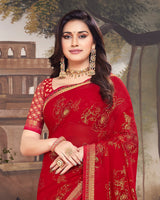 Vishal Prints Cherry Red Georgette Saree With Foil Print And Fancy Border