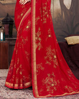Vishal Prints Cherry Red Georgette Saree With Foil Print And Fancy Border