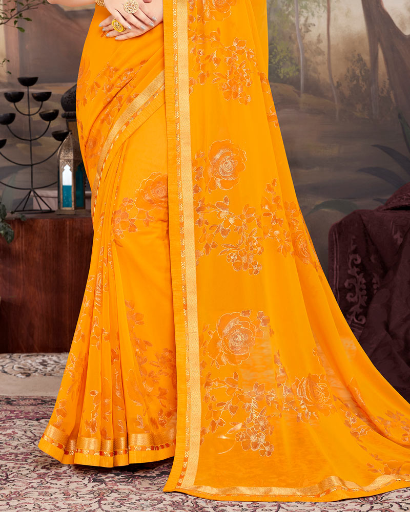 Vishal Prints Dark Yellow Georgette Saree With Foil Print And Fancy Border