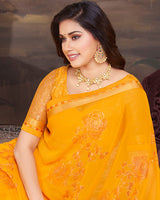 Vishal Prints Dark Yellow Georgette Saree With Foil Print And Fancy Border