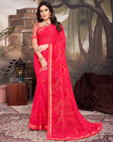 Vishal Prints Red Pink Georgette Saree With Foil Print And Fancy Border