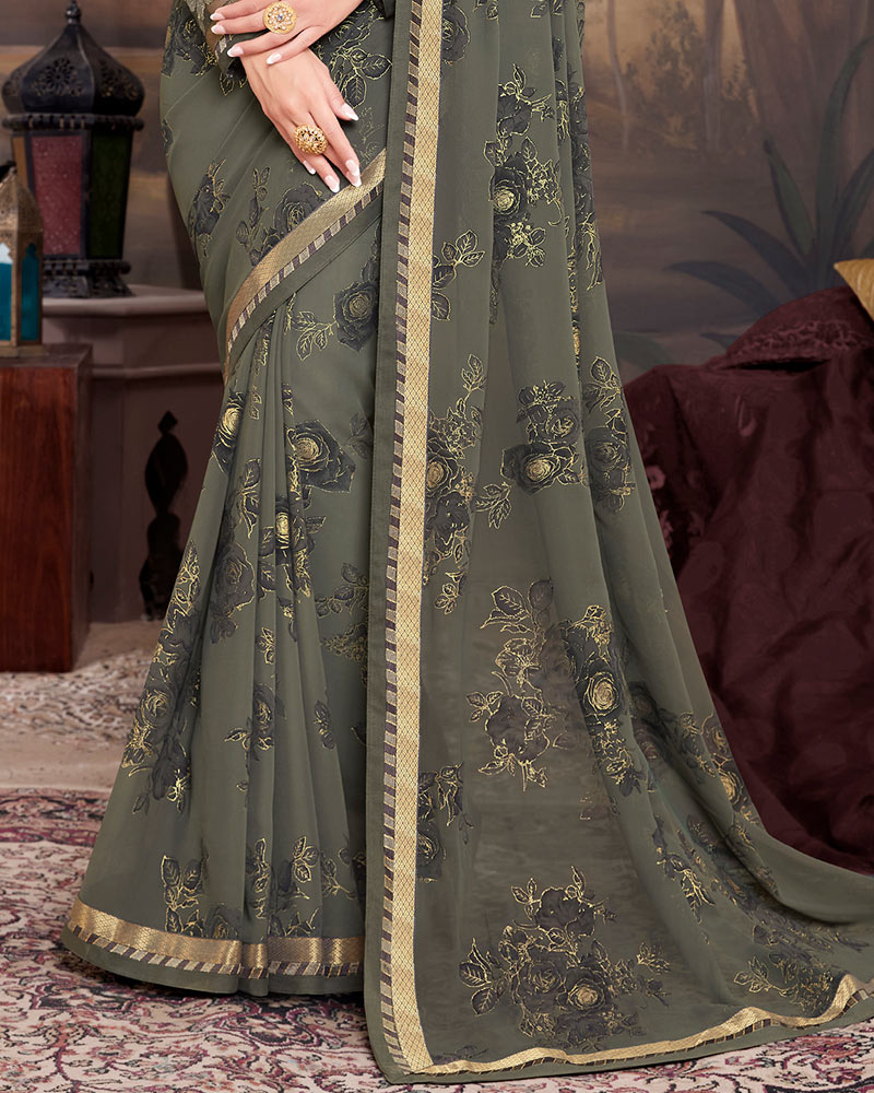 Vishal Prints Charcoal Grey Georgette Saree With Foil Print And Fancy Border