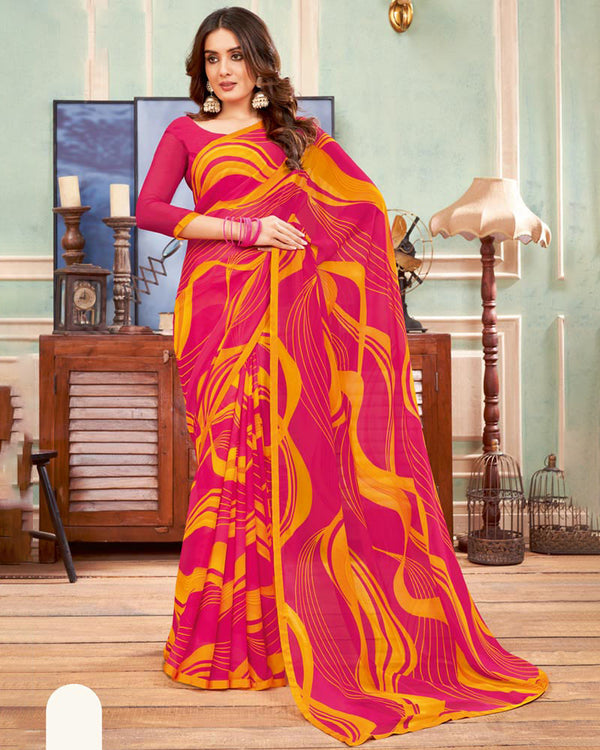 Vishal Prints Red Pink Printed Georgette Saree With Satin Piping