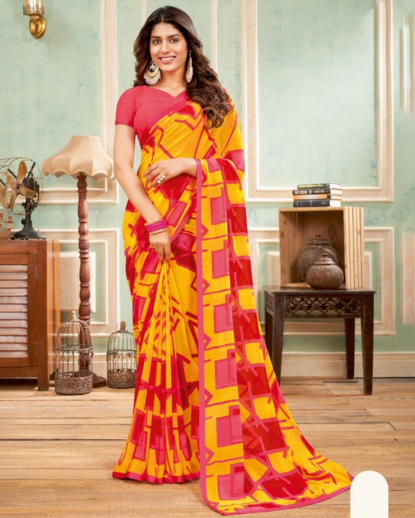 Vishal Prints Golden Yellow Printed Georgette Saree With Satin Piping