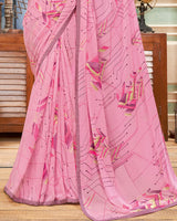 Vishal Prints Baby Pink Printed Georgette Saree With Satin Piping