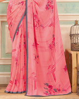 Vishal Prints Pastel Pink Printed Georgette Saree With Satin Piping