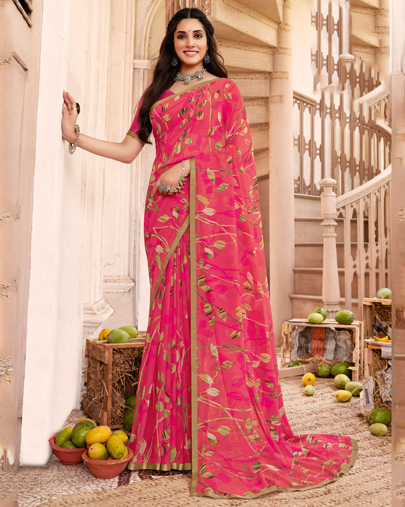Vishal Prints Red Pink Printed Georgette Saree With Satin Piping