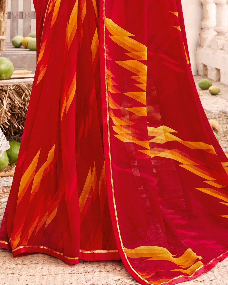 Vishal Prints Cherry Red Printed Georgette Saree With Satin Piping