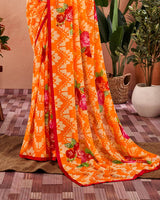 Vishal Prints Orange Printed Georgette Saree With Satin Piping