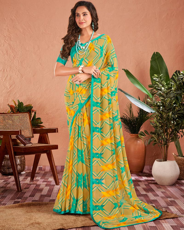 Vishal Prints Fawn Printed Georgette Saree With Satin Piping