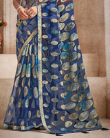 Vishal Prints Navy Blue Tissue Brasso Digital Print Saree With Tassel And Core Piping
