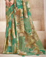 Vishal Prints Aqua Green Tissue Brasso Digital Print Saree With Tassel And Core Piping