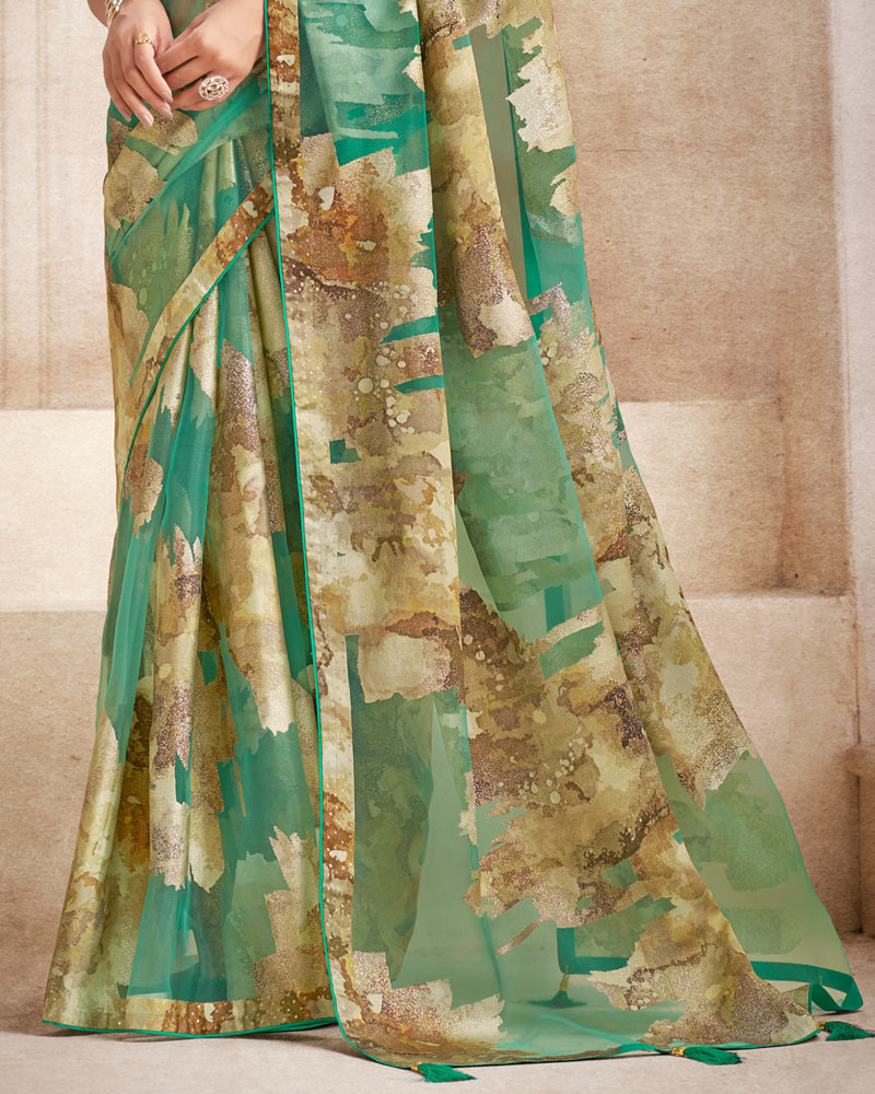 Vishal Prints Aqua Green Tissue Brasso Digital Print Saree With Tassel And Core Piping